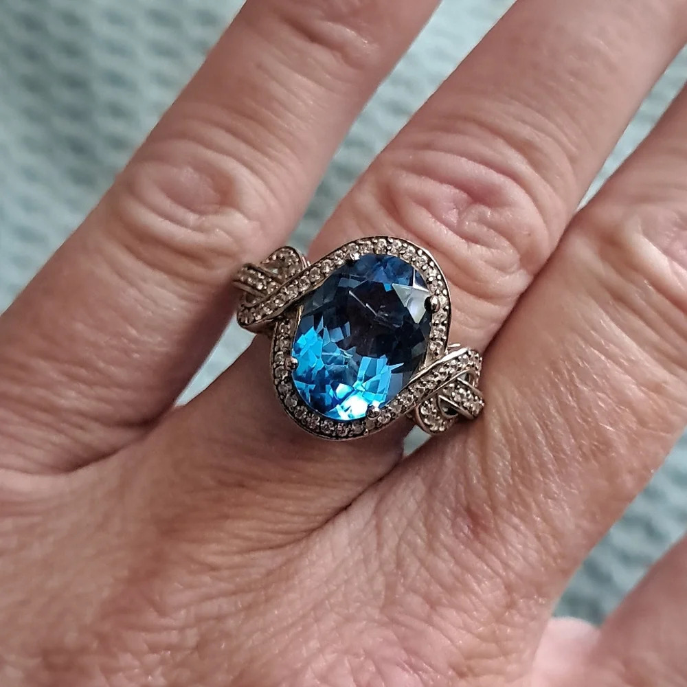 Blue Topaz and White Zircon Ring in 925 Sterling Silver - Picture 2 of 8